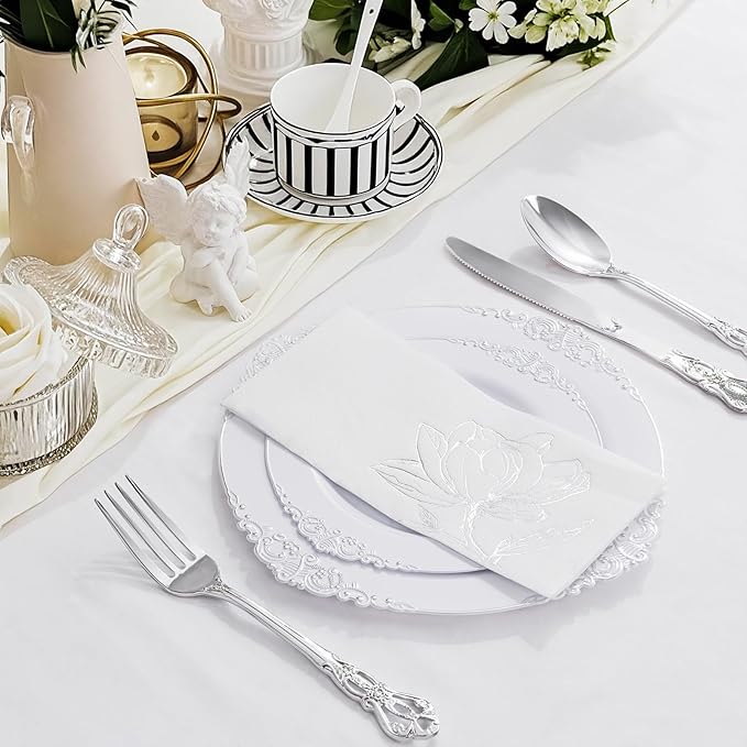 50 Pack Silver Magnolia Napkins - Silver Floral Disposable Napkins - Cloth-Like Feel Dinner Paper - Vintage Heavy Duty Hand Towels for Bathroom Wedding Holiday Party Bridal Decorative Towels