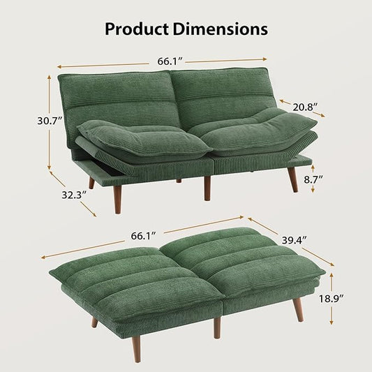 Pipishell Futon Sofa Bed, Convertible Futon Adjustable Backrest & Armrests, Corduroy Sleeper Couch for Small Spaces, Living Room, Office, Guest Room (Moss Green, 66 Inch)