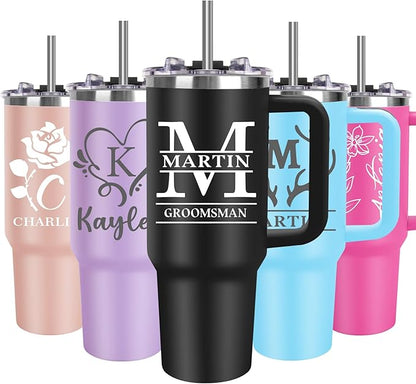 Personalized 40 Oz Tumbler with Handle, Made in USA Custom Tumbler With Name - Lid and Straw, Stainless Steel Coffee Tumbler Travel Coffee Mug Cup, Personalized Gift for Women Men Birthday