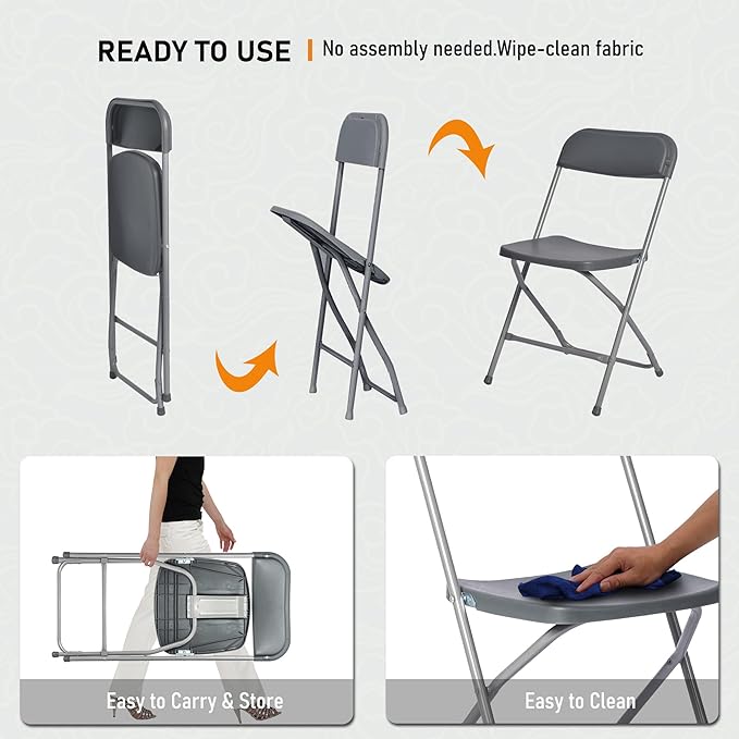 SEALAMB Plastic Folding Chairs 10 Pack, Gray Commercial Portable Indoor/Outdoor Chairs for Home Office, Wedding, Events Parties with Steel Frame, 350lbs Capacity (Gray-Plastic, 10 Pack)
