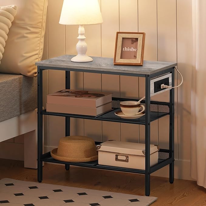 HOOBRO End Table, 3-Tier Narrow Side Table with Charging Station, Nightstand with 2 Flat or Slant Adjustable Shelves for Small Spaces, Living Room, Bedroom, Greige and Black BG23UBZ01G1