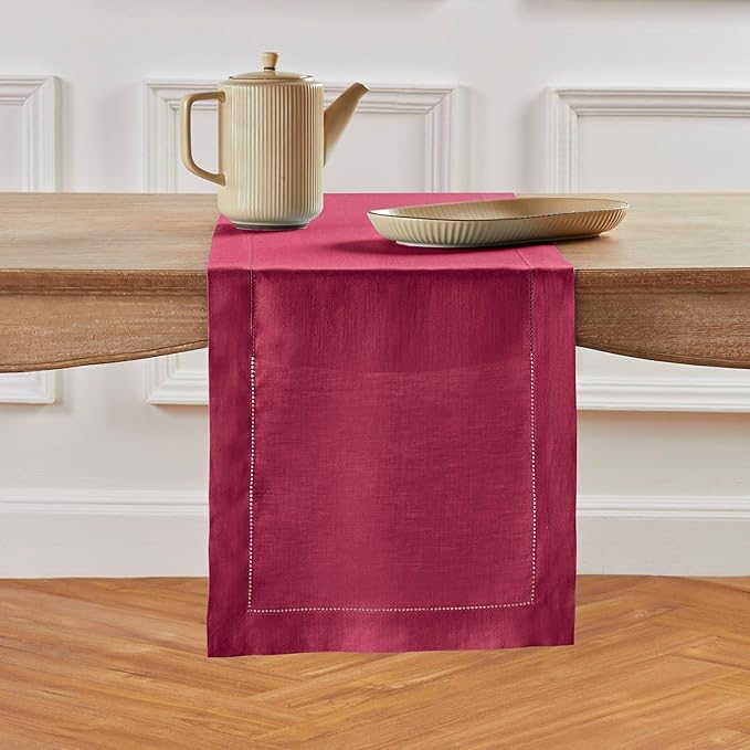 Solino Home Linen Beet Table Runner 72 Inches Long - 100% Pure Linen Hemstitch Table Runner 14 x 72 Inch for Dresser, Dining, Fall, Autumn, Winter, New Year, Holiday - Classic Hemstitch