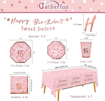 Rose Gold & Pink Sweet 16 Birthday Bundle: Party Supplies Set with paper Plates, Napkins, Cups, Tablecloth & Banner - Sweet Sixteen Decorations, Party Favors ，Serves 25