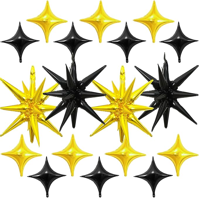 Black Gold Star Balloons - 22 inch Star Foil Mylar Balloons - 10 inch Four-Pointed and Pentagram Balloon for Birthday Party, Anniversary, Graduation, Baby Shower, Disco Party Decorations
