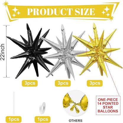 Black Gold Silver Star Balloons,9Pcs 22Inch Black Silver Gold Explosion Spike Cone Helium Polyester Film Star Foil Balloons for Birthday Anniversary Baby Shower Disco Party Decorations