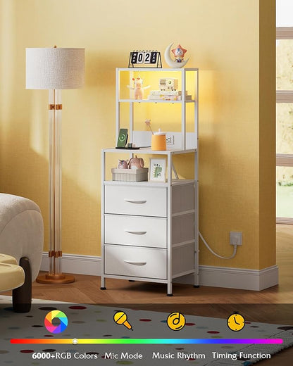 WLIVE Tall White Nightstand with Charging Station, LED Night Stand with 3 Fabric Drawers and Storage Open Shelves, Bedroom Nightstand Table, Bed Side Table for Living Room