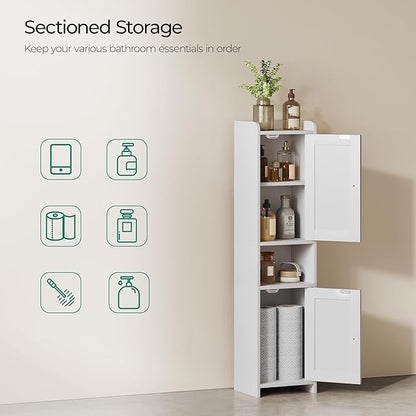 Bathroom Cabinet with 2 Doors, 7.3 x 9.8 x 40.4 Inches, Small Freestanding Storage Cabinet with Adjustable Shelf, Floor Cabinet for Small Spaces, Bathroom, Entrances, Kitchen, White