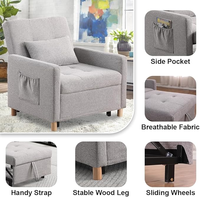 Sleeper Chair,Convertible Sleeper Sofa Chair,Pull Out Sleeper Chair with Adjustable Backrest,Multi-Functiona Lounge Chair for Living Room(Light Grey)