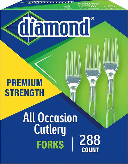 Diamond® All Occasion Clear Disposable Forks 288 Count – Heavy Duty Plastic Forks, Premium Polystyrene, Crystal Clear, Party, Catering, Everyday Use, Made in USA