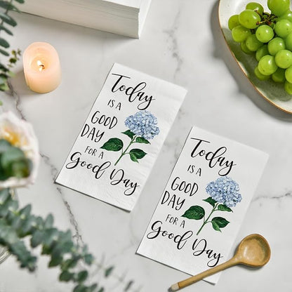 Horaldaily 50 Disposable Paper Decorative Guest Napkins, Blue Hydrangea Good Day Celebration Hand Towel for Party Lunch Dinner Kitchen Bathroom