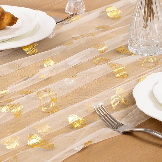 Pumpkin Gold Table Runner for Thanksgiving Sheer Gauze Cheesecloth 120 Inch with Glitter Harvest Feast Decor for Family Gatherings Dining Table Home Celebration - Beige