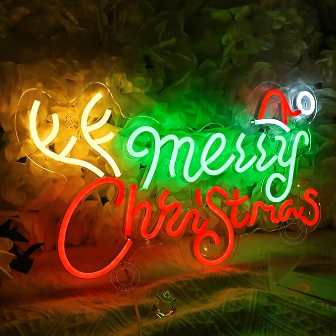 SYLHOME Merry Christmas Led Neon Light Sign Santa Hat Christmas Tree Party Home Bedroom Wall Sign Decor Backdrop Xmas 15.75" X 9.8" USB Colorful