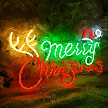 SYLHOME Merry Christmas Led Neon Light Sign Santa Hat Christmas Tree Party Home Bedroom Wall Sign Decor Backdrop Xmas 15.75" X 9.8" USB Colorful