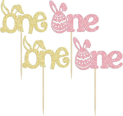 Ephlyn 24Pcs Pink Gold Glitter Cupcake Toppers - Happy Easter & Birthday Cake Decorations for Spring Parties