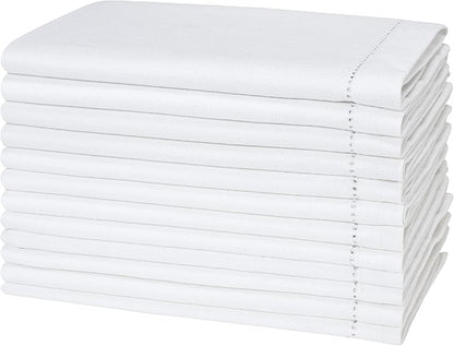 Cotton Cloth White Napkins Set of 12 - with Hemstitched 18x18 Inch Decorative Beautiful Soft Reusable Washable Dinner Napkin for Dining Table Décor, Wedding, Cocktail, Party, Easter & Everyday Use