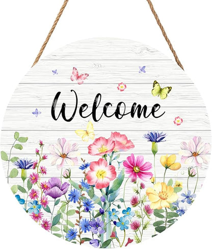 Spring Wildflowers Welcome Sign for Front Door Spring Summer Decorations Welcome Door Hanger Sign Spring Floral Butterfly Wooden Wreath Seasonal Farmhouse Wreaths for Wall Front Door Porch 12"x12"