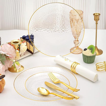 150 Pcs Plastic Dinnerware Set Disposable for 25 Guests - Clear Plates with Gold Trim, Fancy Plastic Plates for Party Wedding Birthday Christmas
