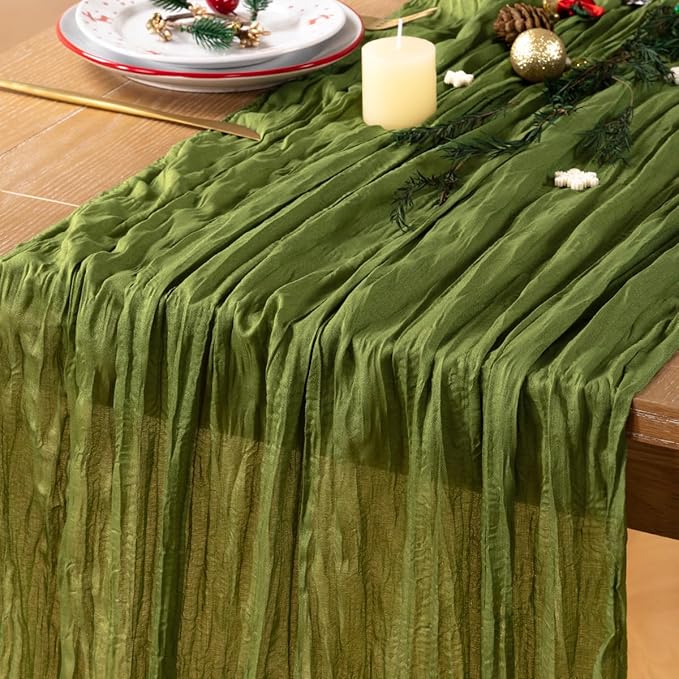Olive Green Cheesecloth Table Runner Christmas Table Runner Boho Gauze 120 Inches Green Cheese Cloth Table Decora for Xmas Holiday Season Parties Wedding Bridal Baby Shower Tea Party