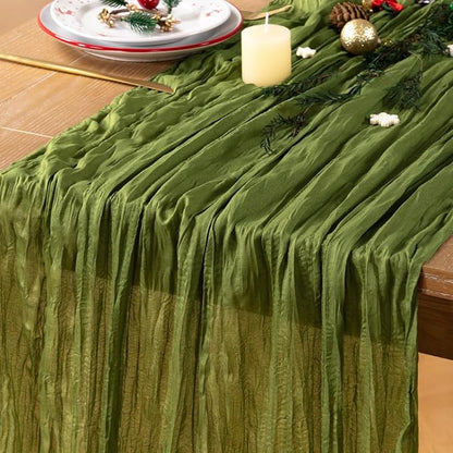 Olive Green Cheesecloth Table Runner Christmas Table Runner Boho Gauze 120 Inches Green Cheese Cloth Table Decora for Xmas Holiday Season Parties Wedding Bridal Baby Shower Tea Party