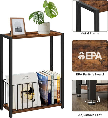 Narrow Side Table with Magazine Holder, Skinny End Table Perfect for Small Spaces, Space-Saving Design for Living Room, Bedroom, or Office, 7.1" D x 16.9" W x 23.6" H, Rustic Brown