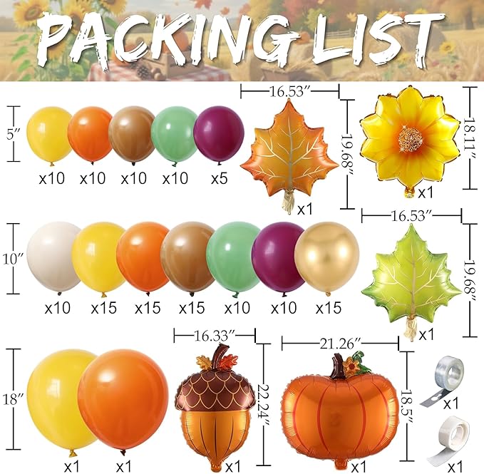Fall Harvest Thanksgiving Balloon Arch Kit,144Pcs Burnt Orange Yellow Sage Green Brown Balloon Garland with Maple Leaves,Acorn,Pumpkin,Sunflower Foil Balloons for Friendsgiving Autumn Party Decoration