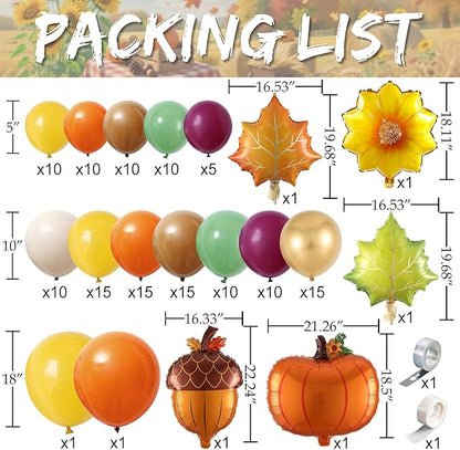 Fall Harvest Thanksgiving Balloon Arch Kit,144Pcs Burnt Orange Yellow Sage Green Brown Balloon Garland with Maple Leaves,Acorn,Pumpkin,Sunflower Foil Balloons for Friendsgiving Autumn Party Decoration