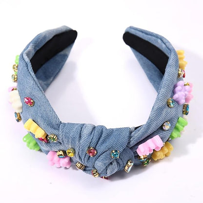 Knotted Jeweled Embellished Top Knot Hairband Statement Wide Turban Hair Hoop for Women - Funny Gifts for Girls, Sister, Birthday, Holiday Party (Crystal Denim Blue)