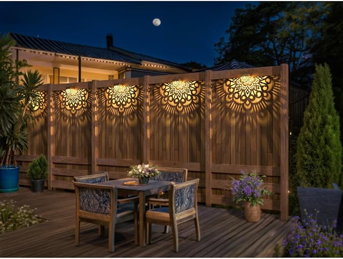 6 Pack Solar Fence Lights Outdoor Wall Lights Plastic Solar Powered Deck Step Stair Lights Moon Theme Waterproof Fence Solar Light for Garden Post Patio Backyard Yard Decor (Gold, 6 Pack)