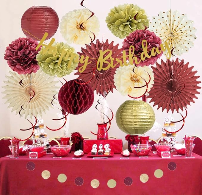 Burgundy Birthday Decorations for Women Maroon and Gold Party Decorations Tissue Paper Pom Poms Paper Fans Lanterns Maroon Birthday Decorations with Happy Birthday Banner Gold Circle Garland