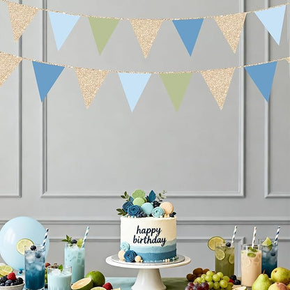 Champagne Gold Dusty Blue Sage Green Pennant Banner Flag Olive Green Blue Hanging Glitter Paper Triangle Bunting for Birthday Baby Shower Wedding One Silly Goose Themed Party Decorations Supplies