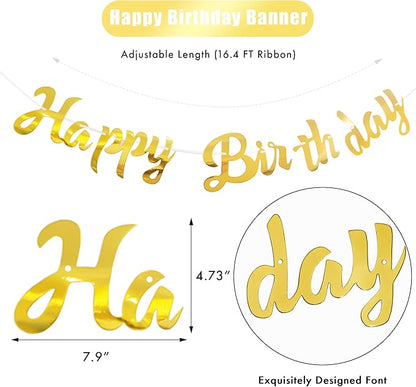 CANREVEL 3 PCS Gold Happy Birthday Banners, Hanging Stars Garland and Pennant Banner Flags, Gold Party Decorations, Golden Birthday Party Supplies for Women Men Girls Boys Adults