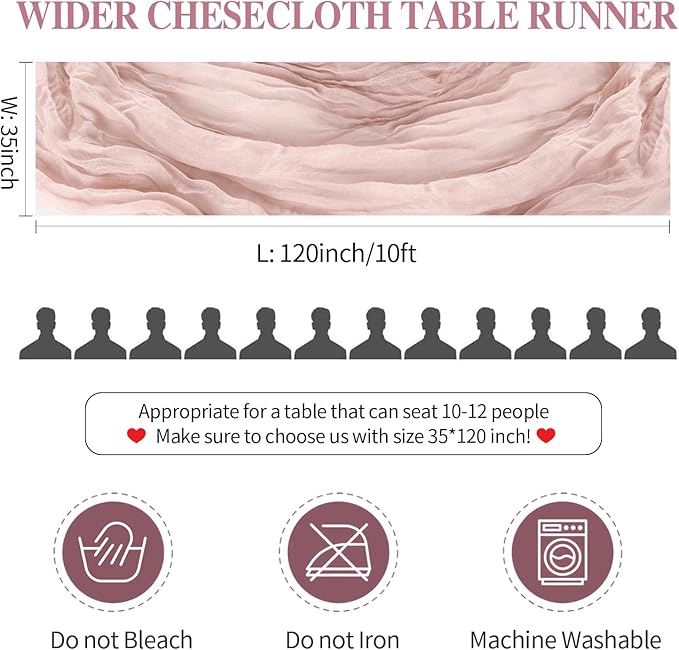 10 Pack Dusty Pink Cheesecloth Table Runners 35x120 Inches, 10FT Fall Thanksgiving Table Runner Boho Gauze Cheese Cloth Table Runner for Wedding Baby Shower Birthday Party Christmas Decor