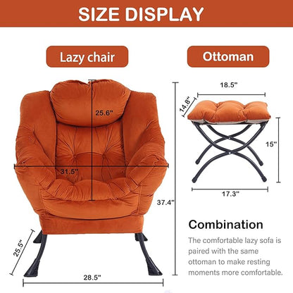 LITA Lazy Chair with Ottoman, Modern Lounge Accent Chair with Armrests and a Side Pocket, Leisure Upholstered Sofa Chairs Set, Reading Chairs with Footrest for Small Space,Orange
