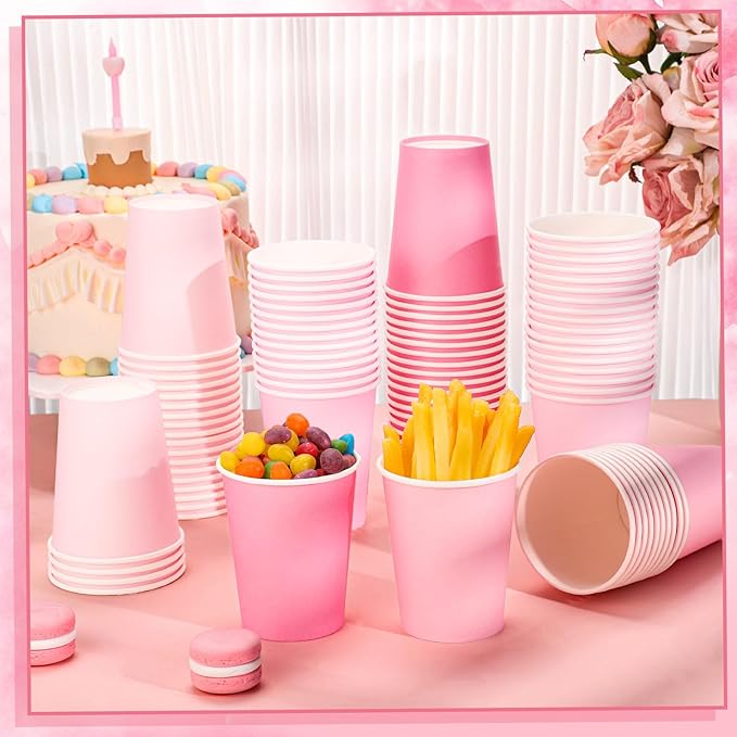 100 Pack Pink Paper Cups 9oz Gradient Pink Party Cups Disposable Paper Cups, Drinking Cups for Wedding Birthday Baby Shower Party Supplies