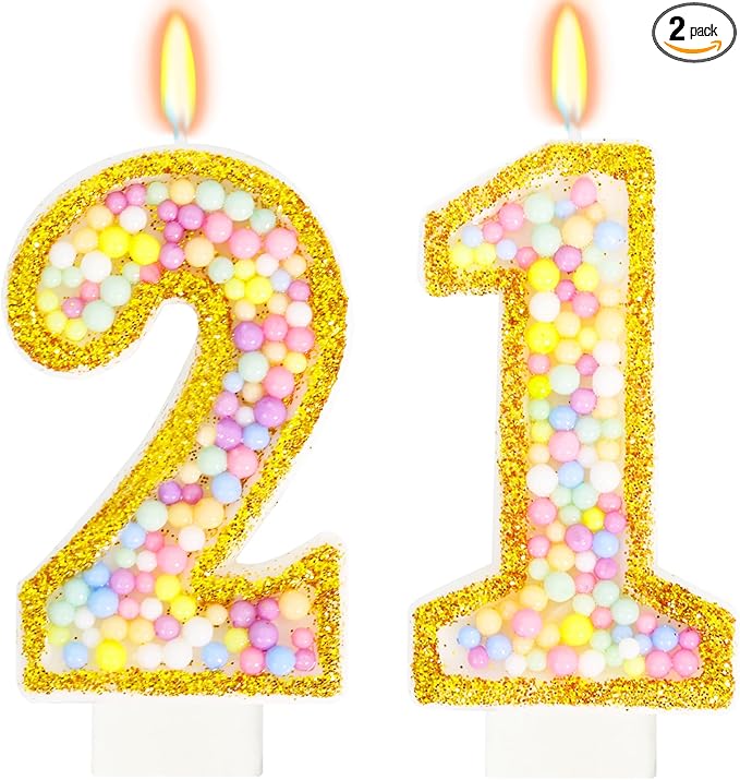 21st Birthday Candle for Cake, Colorful Macaron Numeral Candles for Women/Men, Birthday Party Cake Decorations, Golden Cake Topper for Birthday Party Supplies (Number 21)