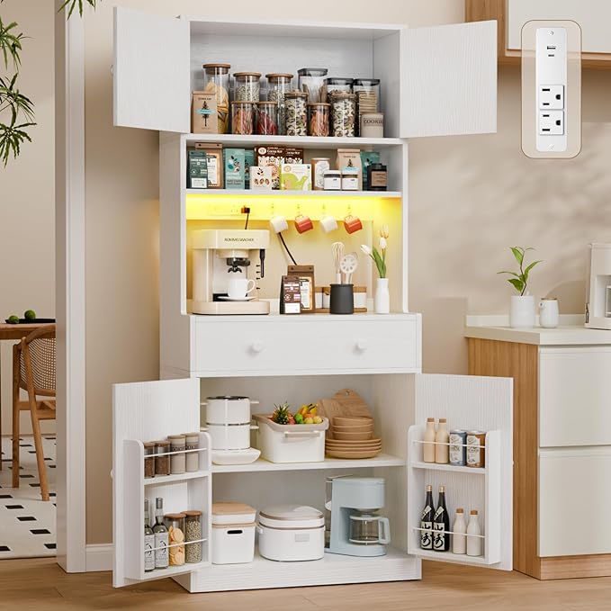 71" Tall Kitchen Pantry Storage Cabinet with Power Outlet & LED Light, Freestanding Food Pantry Cabinet with 4 Doors and Shelves, Cupboard with Drawer, Hutch with Microwave Stand, White