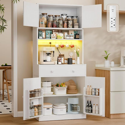 71" Tall Kitchen Pantry Storage Cabinet with Power Outlet & LED Light, Freestanding Food Pantry Cabinet with 4 Doors and Shelves, Cupboard with Drawer, Hutch with Microwave Stand, White
