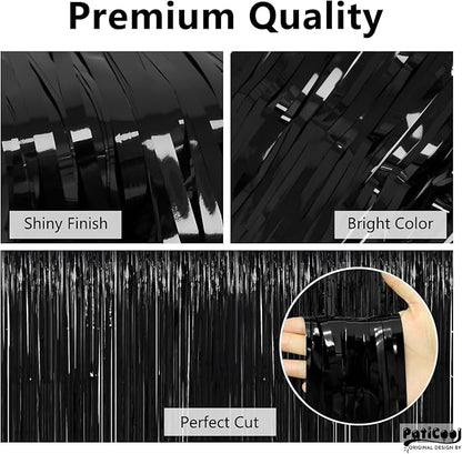 Thicken Black Streamers 2 Pack 3.2 x 8.2 FT, Black Tinsel Backdrop Curtains, Foil Fringe Photo Backdrop for New Years, Halloween, Retirement, Bachelor Party Decorations, Birthday Decorations for Men