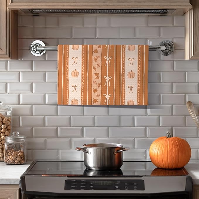 Orange Beige Fall Kitchen Towels, Coquette Bow Autumn Pumpkin Dish Tea Towels for Kitchen Decor, Farmhouse Fall Thanksgiving Decorative Hand Towel for Bathroom, 16x24 Inches