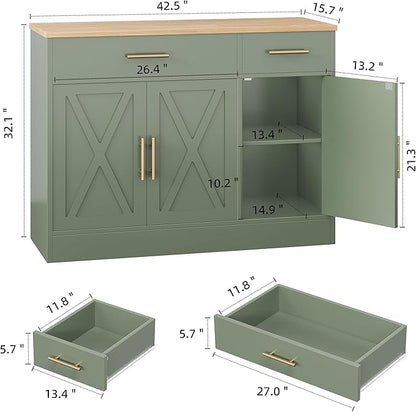 Shintenchi Modern Farmhouse Sideboard Buffet Cabinet with Storage with 3 Doors,42" Barn Doors Buffet Cabinet with Storage, Wood Coffee Bar Cabinets with Adjustable Shelf for Kitchen Living Room,Green