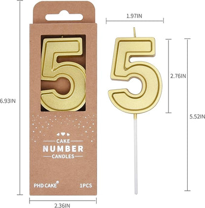 PHD CAKE 2.76 Inch Luxe Gold 5 Number Birthday Candles, Gold Number Candle, Cake Number Candles, Party Celebration