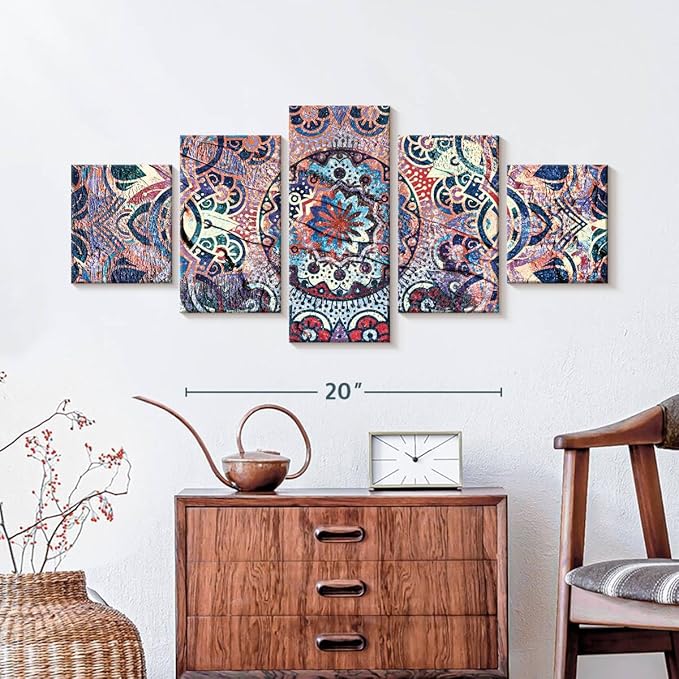 ElephantStock - Mandala Enchantment Wall Art - Horizontal Multi Panel Canvas - 5 Piece Living Room Wall Decor - Digital Art Elements Multi Piece Wall Art - Blue And Beige Decor - 36" x 15"