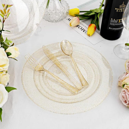 DaYammi 350 Pieces Gold Glitter Dinnerware Set 50 Guest for Party Christmas Plates Disposable - 50 Dinner Plates, 50 Dessert Platos -50 Per Rolled Napkins with Gold Cutlery -50 Disposable Cups 9 OZ