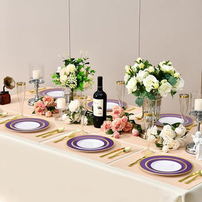 100PCS Purple Disposable Plastic Plates Include 50PCS 10.25inch Dinner Plate and 50PCS 7.5inch Dessert Plate Heavy Duty Plastic Dinnerware for Party Wedding Anniversary New Year
