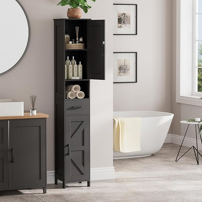 Homhedy 67" H Tall Bathroom Storage Cabinet with 2 Barn Doors and 1 Drawer, Narrow Storage Unit, Adjustable Shelves, Floor Cabinet for Bathroom, Living Room, Entryway, Kitchen, Black, (11.8" W)