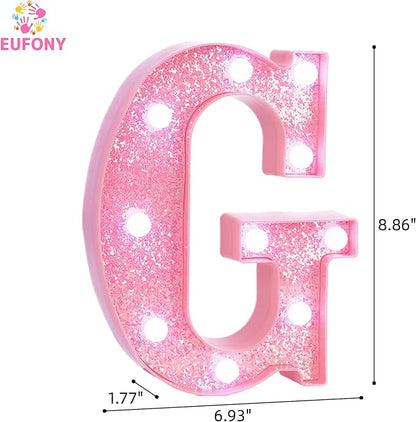 Pink LED Marquee Light Up Letters, Glitter Alphabet Letter Lights for Birthday Party Decorations, Battery Operated Letter Signs for Girls Room Table Decor, Pink letter G with Cool White Lights