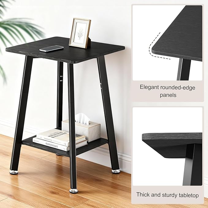 King Oasis Set of 2 2-Tier End Tables, Wooden Side Tables with Storage Shelves, Sturdy Couch Sofa Side Tables for Living Room Bedroom,Black
