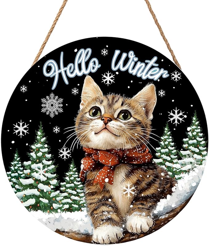 Hello Winter Cat Front Door Sign Winter Kitty Kitten Pine Tree Round Wood Sign 12x12in Winter Decorations Cat door hanger Christmas Winter Wreath Wall Hanging Welcome Sign for Outdoor Outside Porch