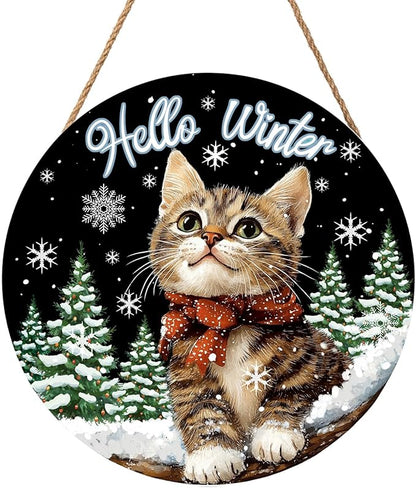 Hello Winter Cat Front Door Sign Winter Kitty Kitten Pine Tree Round Wood Sign 12x12in Winter Decorations Cat door hanger Christmas Winter Wreath Wall Hanging Welcome Sign for Outdoor Outside Porch