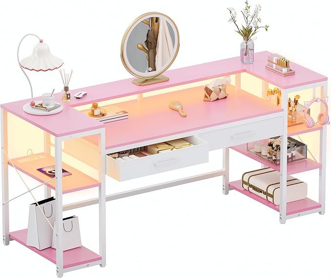 Pamray 58 Inch Computer Desk with Monitor Stand and Shelves Gaming Desk with LED Lights & Power Outlets PC Vanity Table with 2 Drawers for Home Office Pink